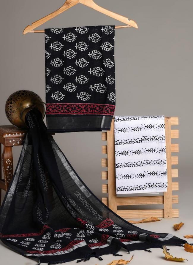 Linen Cotton Black Casual Wear Printed Salwar Suit